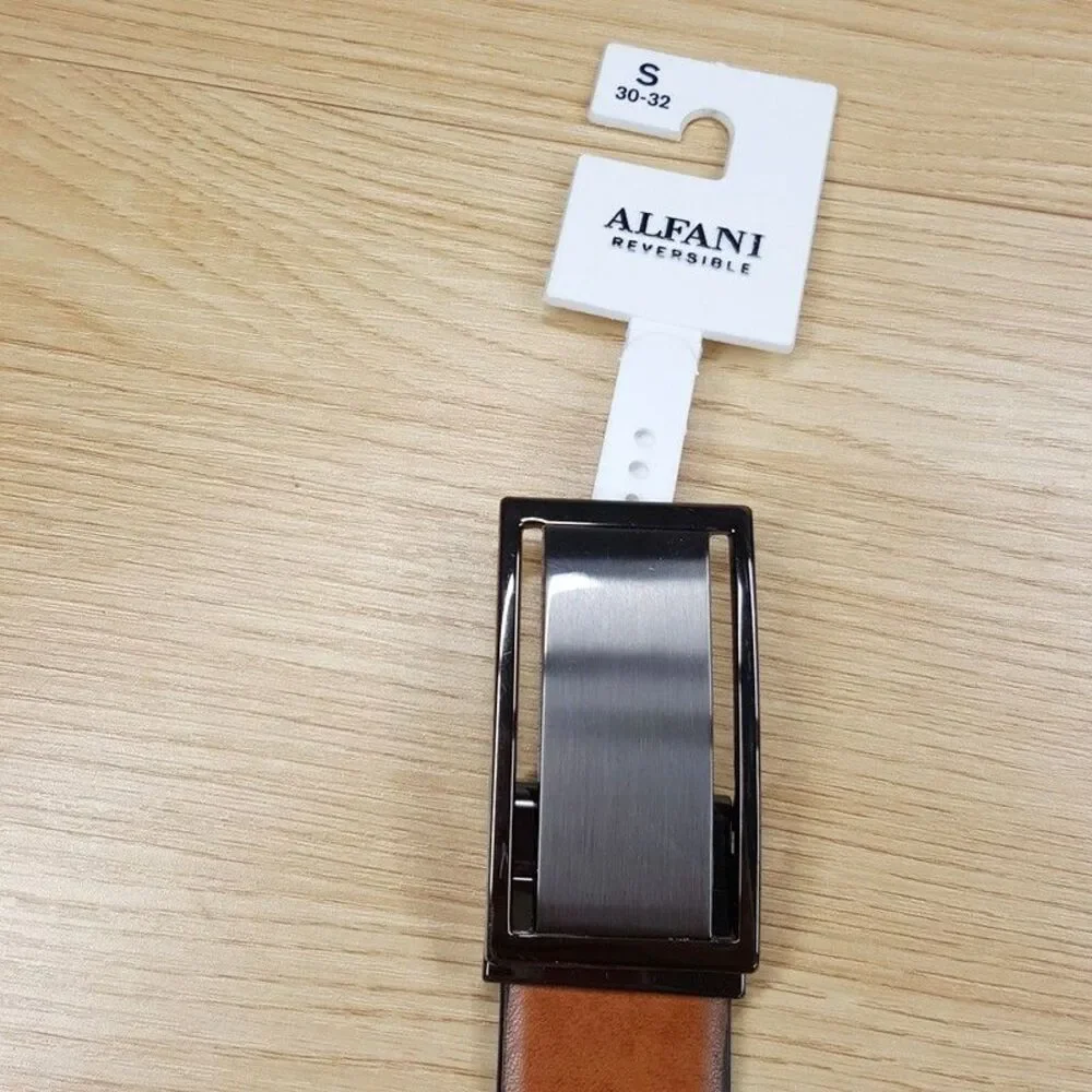 ALFANI Belt Mens Size Medium 30 32 Brown Black Reversible Plaque Buckle FLAW